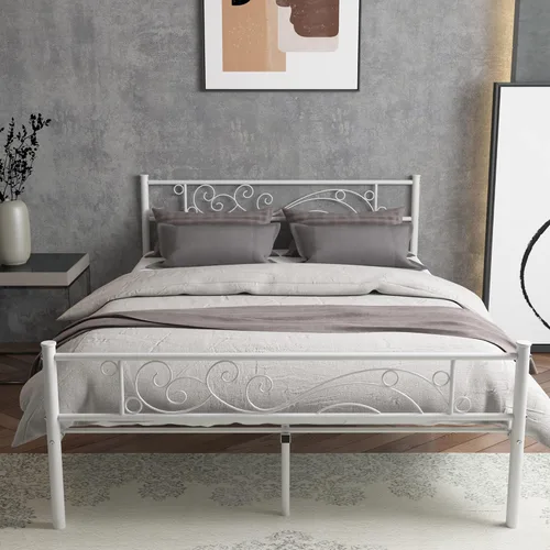 Miniatura 11 de Weehom Base de cama de metal con cabecero y estribo, no necesita somier, plataforma completa, color negro