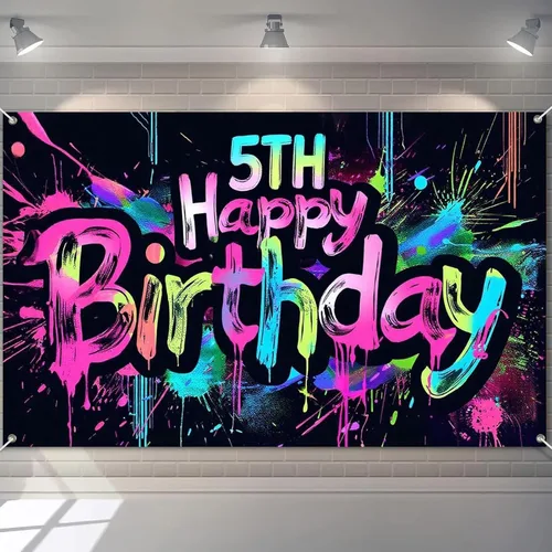 Miniatura 25 de HOMETITUTE Pancarta de Neón de Feliz 10mo Cumpleaños 71 x 43 pulgadas, Salpicadura de Pintura que Brilla en la Oscuridad, Telón de Fondo