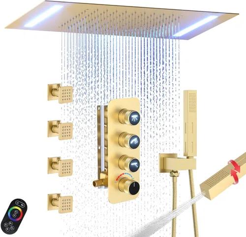 Miniatura 16 de Enga Sistema de cabezal de ducha doble, cabezal de ducha LED de lluvia de 14 x 20 pulgadas con cabezal de pared de 6 pulgadas, juego de grifo de Oro