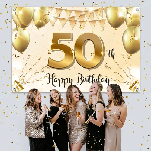 Miniatura 6 de HAMIGAR Fondo de pancarta de feliz cumpleaños 50 de 6 x 4 pies, decoraciones de cumpleaños de 50 años, suministros de fiesta para mujeres, oro blanco