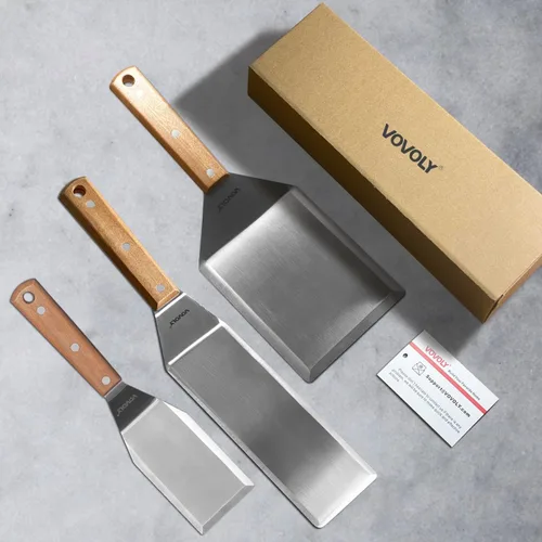 Miniatura 7 de Juego de espátulas de acero inoxidable, juego de espátulas para parrilla con mango de espiga completa y bordes biselados, espátula larga y ancha