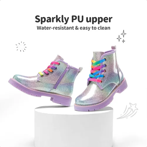 Miniatura 3 de DREAM PAIRS Botas de tobillo con purpurina para niñas y niños, zapatos de combate con cremallera lateral con cordones (bebéniño pequeñoniño grande)