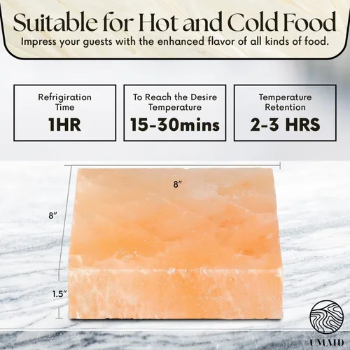 Miniatura 2 de UMAID Bloque de sal del Himalaya para asar, cocinar, cortar y servir, piedra de sal rosa del Himalaya de grado alimenticio de 8 x 8 x 1.5 pulgadas