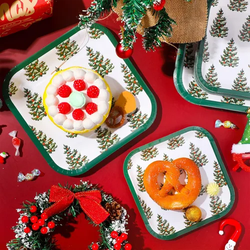 Miniatura 5 de Layhit Juego de 80 platos de papel de Navidad a granel de 7 x 9 pulgadas, juego de platos cuadrados desechables de Navidad verde, árbol de Navidad