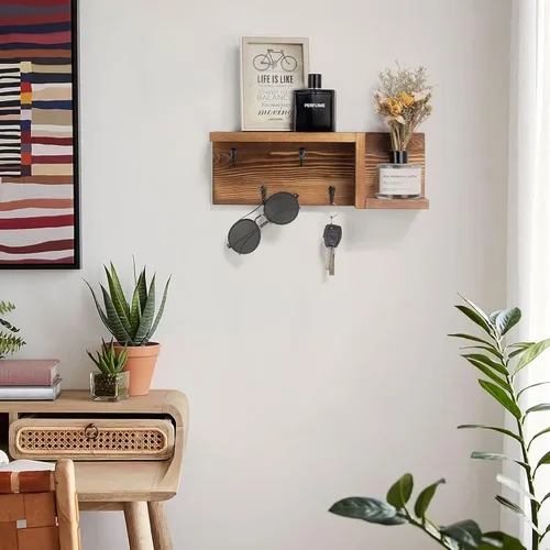 Miniatura 3 de AKKO Soporte de madera para llaves decorativo de pared, organizador de correo y llaves con 4 ganchos para llaves y estante flotante en forma de "Z