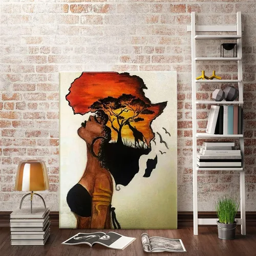Miniatura 6 de Arte de pared enmarcado afroamericano, póster de mujer africana nostálgica, pintura en lienzo, niña negra, abstracto, puesta de sol, paisaje