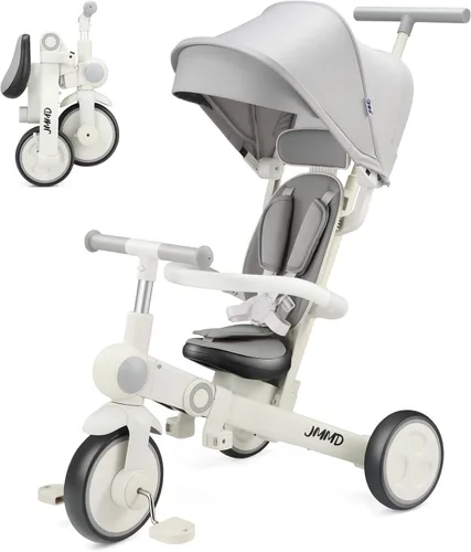 Miniatura 9 de JMMD - Triciclo para bebé 7 en 1 plegable con mango ajustable para padres, arnés de seguridad y frenos de rueda, toldo extraíble, triciclo de paseo