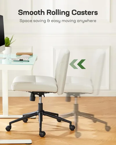 Miniatura 4 de Marsail Silla Cruzada con Ruedas: Silla de Oficina de Cuero PU con Patas Cruzadas, Silla de Escritorio Ancha sin Brazos, Silla Giratoria de Altura