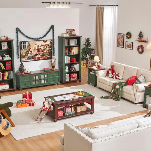 Miniatura 8 de SAVOR LIFE Soporte de TV de granja para sala de estar, centro de entretenimiento verde rústico con armario de almacenamiento, consola de TV