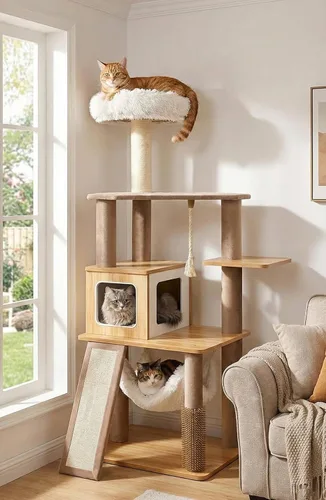 Miniatura 7 de Torre moderna de árbol para gatos de interior de 61 pulgadas, torre de escalada de lujo con salón de felpa, condominios para gatitos, hamaca