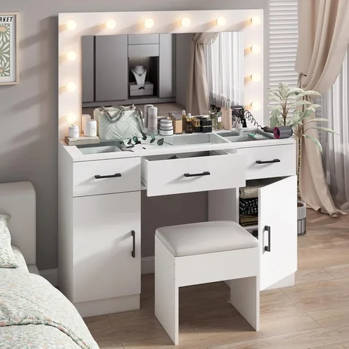 Miniatura 15 de VINGLI Juego de tocador con espejo iluminado, juego de mesa de tocador de maquillaje con 9 bombillas LED, estante de almacenamiento, cajones y Blanco