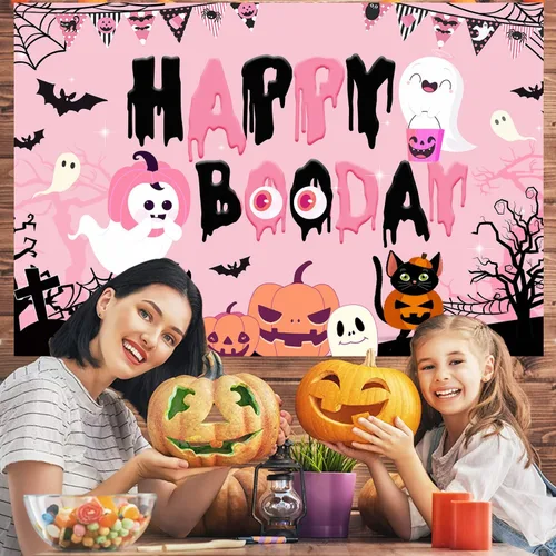 Miniatura 4 de Decoraciones de fiesta de feliz boo, decoraciones de fiesta de cumpleaños de Halloween rosa y negro, pancarta de fondo de feliz día de abucheo