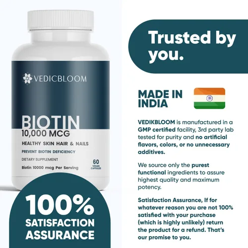 Miniatura 7 de Cápsulas de biotina 10,000 mcg – Cápsulas veganas de alta potencia para un cabello, piel y uñas saludables – Sin gluten, sin OMG, 60 cápsulas