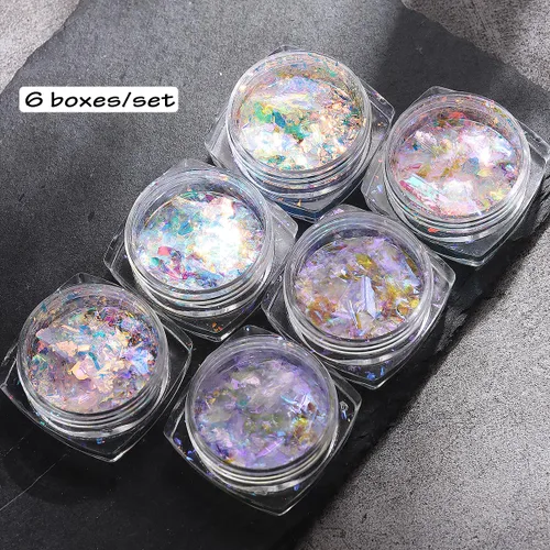 Miniatura 2 de Polvo de uñas cromado iridiscente, 6 cajas de copos de ópalo de fuego de cristal para arte de uñas, lentejuelas holográficas de sirena con purpurina