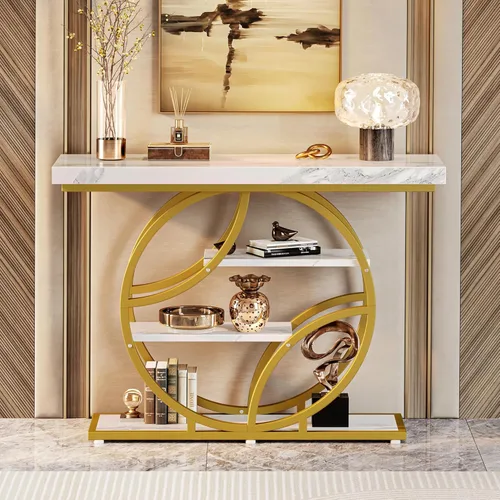 Miniatura 6 de Huuger Mesa de entrada de 41.3 pulgadas con parte superior de mármol, moderna mesa de sofá consola con estantes, para entrada, pasillo, entrada