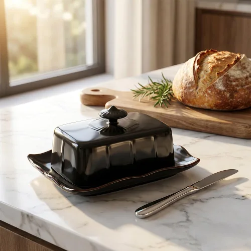 Miniatura 5 de Mantequillera de porcelana con tapa para encimera, contenedor de mantequilla de granja con mango de lujo, grande para mantequilla de la costa este