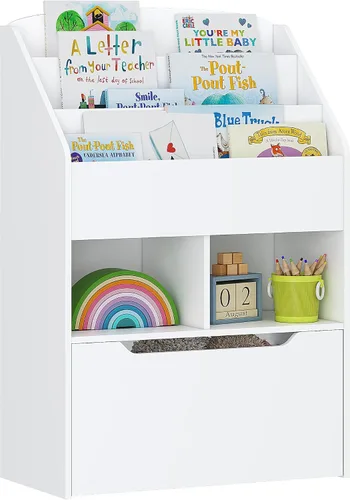 UTEX Estantería para niños con caja de juguetes móvil, estante para libros y almacenamiento de juguetes, estante de exhibición de libros para niños,