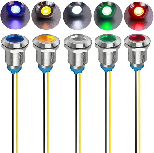 Miniatura 13 de Gebildet 5 unids 0.472 in AC/DC 12-24V LED indicador de metal luz impermeable señal lámpara piloto Dash direccional coche camión barco con alambre