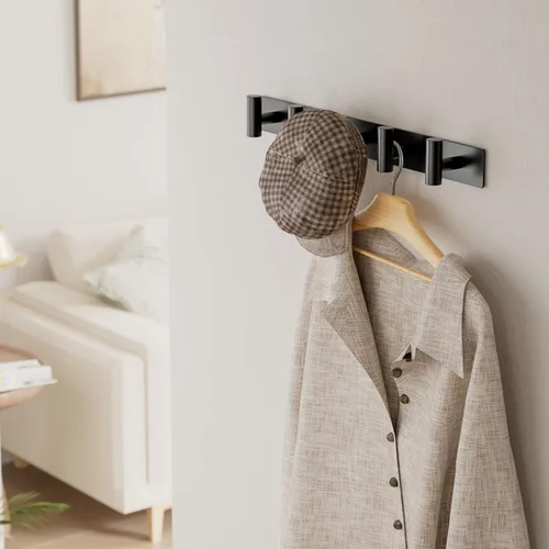Miniatura 6 de GWAAZXGZ Perchero negro montado en la pared, 5 clavijas en forma de T para sombreros, bolsas y toallas, riel de metal resistente para entrada, baño