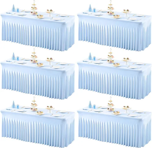 Miniatura 15 de Paquete de 2 manteles color azul bebé para mesa rectangular de 4 pies, manteles de elastano elásticos de 4 pies, falda blanca rectangular para baby