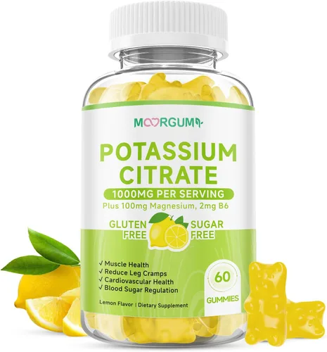 Gomitas de citrato de potasio de 1000 mg, suplemento de potasio para adultos, mujeres y hombres, con magnesio, suplementos masticables de vitamina