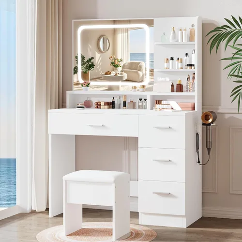 Miniatura 9 de LIVELYGLOW Taburete de maquillaje pequeño, 15.7 pulgadas de ancho x 10.2 pulgadas de profundidad x 16.7 pulgadas de alto, blanco