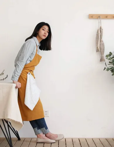 Miniatura 2 de Delantal ajustable de lino de algodón suave estilo nórdico japonés con cuatro bolsillos una toalla Amarillo ámbar