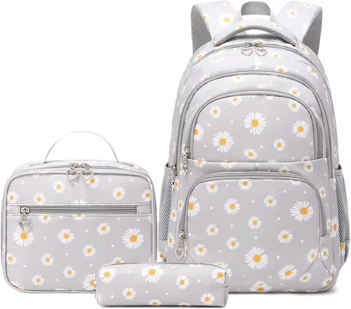 Miniatura 22 de goldwheat Mochilas impresas margaritas con paquete de almuerzo, estuche de lápices 3pcs, bolsa ligera resistente al agua para la escuela secundaria