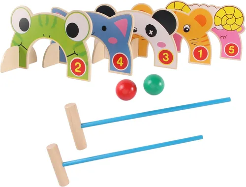 Miniatura 7 de TOYANDONA Juego de croquet para niños, juego de croquet de animales de madera de dibujos animados con mazos de madera de croquet, juego familiar