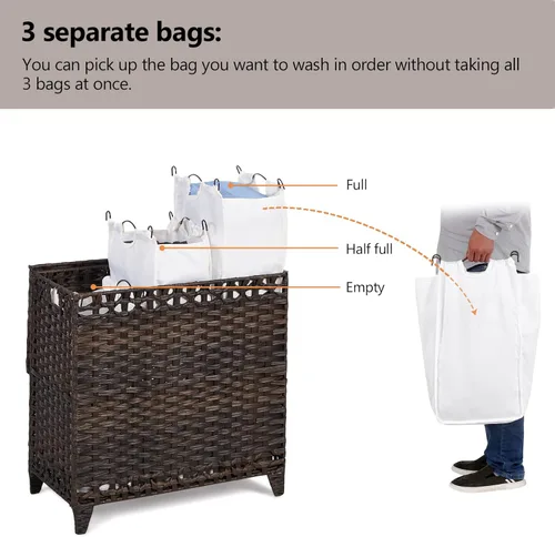 Miniatura 3 de Cesta para ropa sucia con 3 bolsas de forro extraíbles; cesta de lavandería de ratán tejida a mano de 132L con tapa y pies elevados; cesta de ropa
