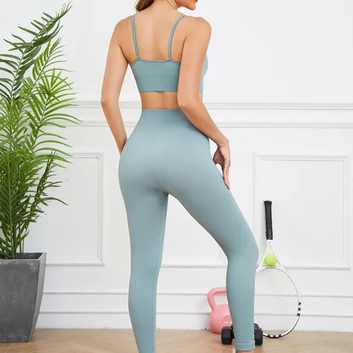 Miniatura 4 de Conjuntos de entrenamiento para mujer, 3 piezas, sin costuras, acanalados, sin mangas, cintura alta, pantalones cortos de yoga