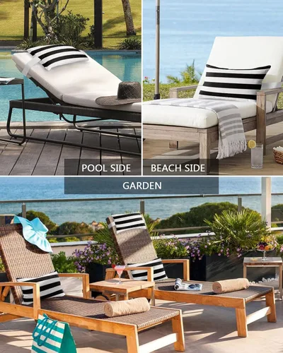 Miniatura 6 de Almohada de exterior para tumbona, diseño de rayas simples en blanco y negro, impermeable, almohada lumbar con inserto y correa elástica ajustable