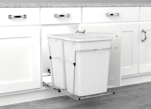 Miniatura 6 de Rev-A-Shelf Bote de basura doble extraíble de 35 cuartos de galón para gabinetes de cocina base, sistema de cubo de basura con toboganes de Blanco