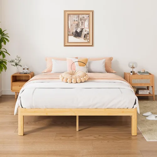 Miniatura 7 de ZIYOO Marco de cama de plataforma de bambú de tamaño matrimonial de 12 pulgadas, diseño minimalista moderno, soporte resistente, fácil montaje,