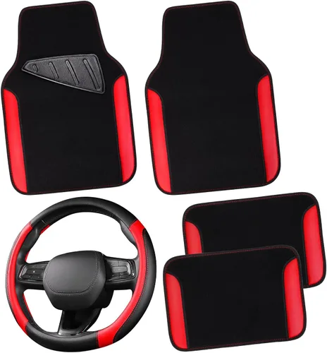 CAR PASS Funda para volante de cuero sintético y alfombrillas impermeables para auto, combo universal para el 95 % de sedanes, SUV, vehículos, Rojo