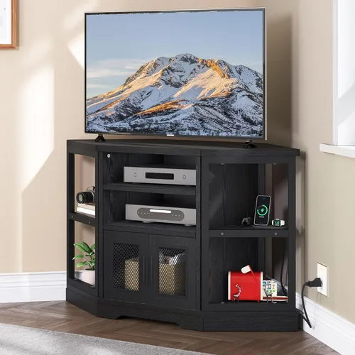 YITAHOME Soporte de TV esquinero para televisores de hasta 50 pulgadas con toma de corriente, moderno centro de entretenimiento de granja, consola