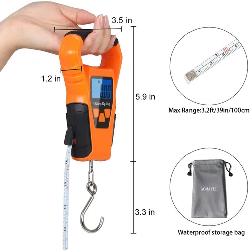 Miniatura 4 de ZHL - Báscula de pesca impermeable con regla báscula de equipaje gancho para colgar peso pantalla LCD retroiluminada de 1102lbs Bolsa Waterprof y 2