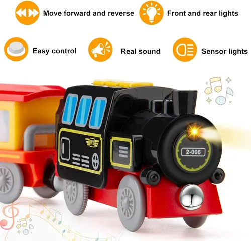 Miniatura 2 de Juego de tren de locomotora a pilas para vías de tren de madera, juguetes de tren eléctrico para niños pequeños, conexión magnética, potente juego