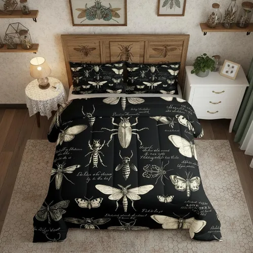 Homewish Juego de edredón entomológico de insectos y polilla de mariposa, tamaño individual, juego de edredón entomológico de escarabajos de