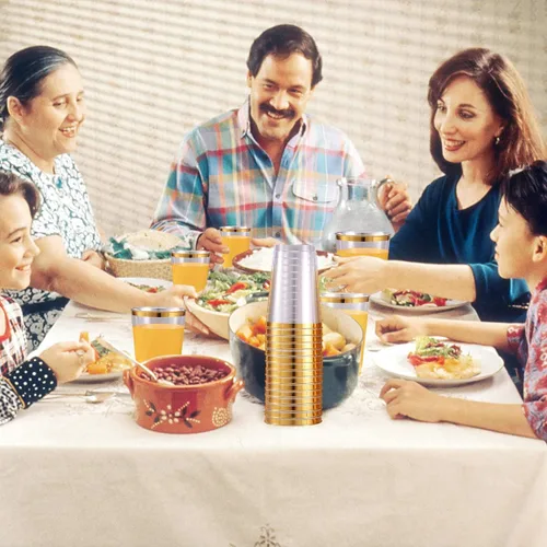 Miniatura 7 de JOLLY CHEF Paquete de 100 vasos de plástico dorados de 12 onzas, elegantes vasos desechables con borde dorado, perfectos para el día de Acción