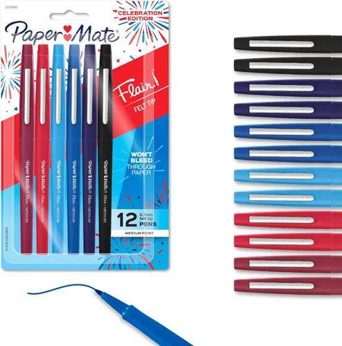 Paper Mate® Flair Bolígrafos de punta de fieltro, punta media (0.028 in), colores surtidos, 12 unidades, edición de 250 aniversario de EE. UU