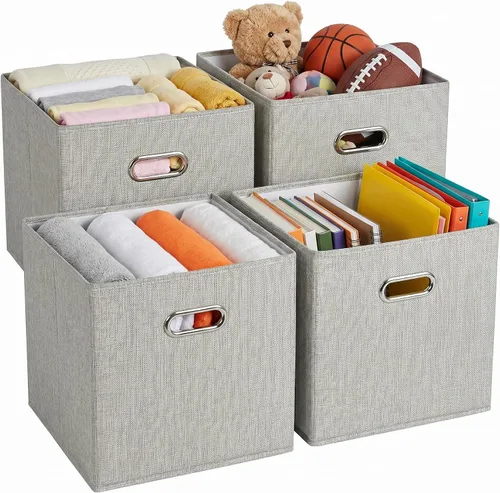 Miniatura 16 de Cubos de almacenamiento de tela gris de 12 x 12 pulgadas, paquete de 4 cubos organizadores plegables con aspecto de lino con asas, cestas plegables