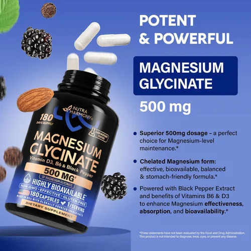 Miniatura 4 de Glicinato de magnesio 500 mg – Suplemento quelatado – Forma de alta absorción de magnesio – Apoyo para el sueño, la salud muscular y cardíaca