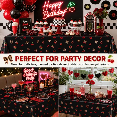 Miniatura 8 de 3 manteles de plástico desechables de 54 x 108 pulgadas, estampado de leopardo rojo y negro con labios rojos, manteles impermeables para cumpleaños