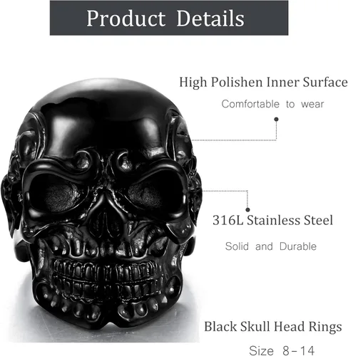 Miniatura 3 de FIBO STEEL Anillos de acero inoxidable de cráneo de cabeza, color negro, para hombres y mujeres, tamaños 8-14