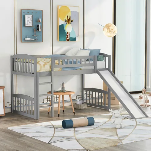 Miniatura 3 de Harper & Bright Designs Cama alta baja con tobogán, cama individual tipo loft para niños con barandilla de seguridad y escaleras, marco de cama