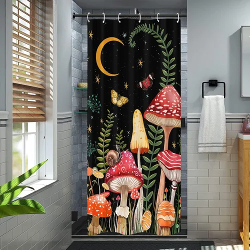 Miniatura 4 de Juego de cortinas de ducha con diseño de hongos y mariposas florales negras y rojas, tela impermeable, cortinas de ducha para baño, decoración