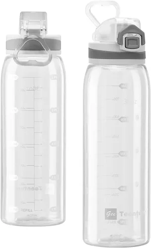 Miniatura 11 de Botella de agua deportiva de 30 onzas con marcadores de tiempo, botella grande y duradera de plástico para gimnasio, Tritan sin BPA, transparente