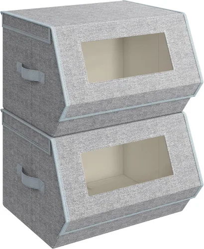 Miniatura 10 de SONGMICS URPLB02G - Juego de 2 cubos de almacenamiento apilables, cajas de almacenamiento con tapas y ventanas delanteras, organizadores de armario