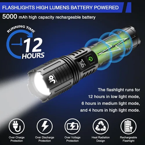 Miniatura 6 de JAY-PARK Flashlight Rechargeable 10000 Lumens, LED Flashlights High Lumens with 10800mAh Battery and LCD Power Display, Zoomable, 5 Lighting Modes